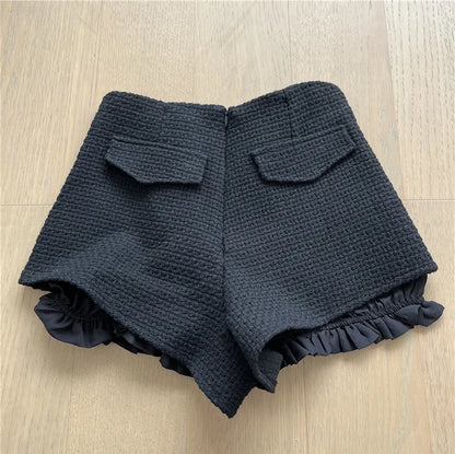 Autumn Winter New Woven Tweed Fungus Edge Buckle Shorts Femininity Versatile High Waist Pure Desire Wind Boots Short Pants.