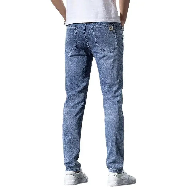 Hong Kong Summer Thin Men's Blue Jeans Slims Smooths Your Silhouette Feet Stretchy Korean Style Light Color Versatile Pants.