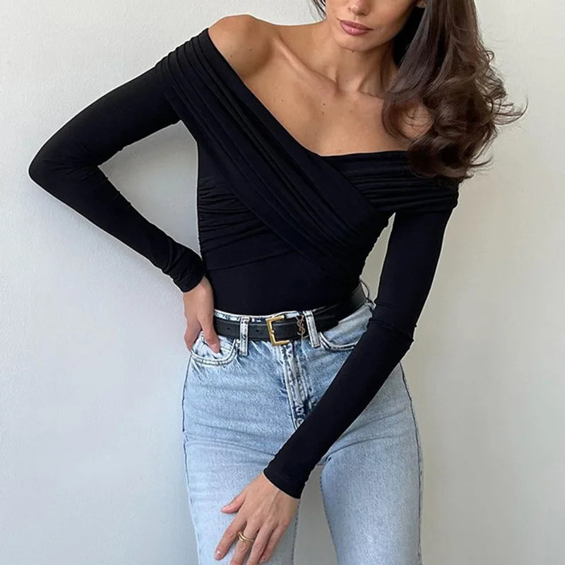 European and American trend slim fit sexy temperament fashionable V-neck jumpsuit patchwork off shoulder long sleeved bodysuit.