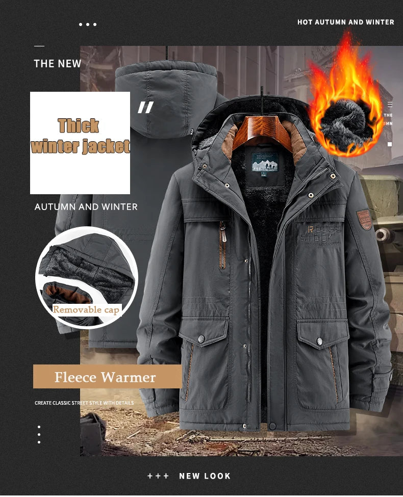 Thick Coat Winter Outdoor Running Sports Windproof Warm Fleece Hooded Cargo Jacket Men Removable Hood Thick Warm Fleece Jacket.