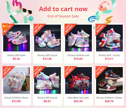 Disney Children Led Shoes Kids Girls Sneakers Frozen Elsa Princess Lighting Shoes Pink Purple Casual Sports Shoes Size 21-31.