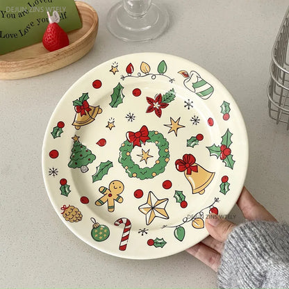 Cute Ceramic Plates Christmas Party Desserts Cake Plates Children's Breakfast Milk Cups Household Kitchen Ceramic Noodle Bowls.