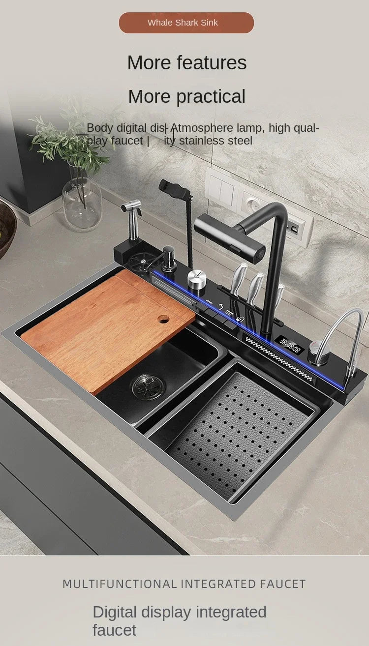 Großes Einzelschlitz-Wasserfallspülbecken aus Edelstahl 304, Digitalanzeige, geprägtes Waschbecken, Haushaltswaschbecken