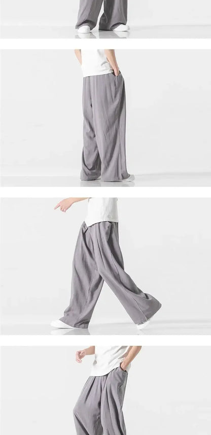 Hanfu Spirit Draped Linen Pants For Men Straight-leg Casual Trousers Chinese Style Loose-fit Ancient Wide-leg Song Trousers.