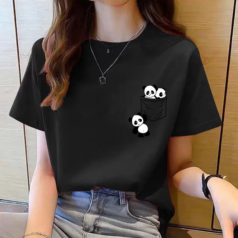 Women Short Sleeve Top Summer New Pocket Panda Cartoon Printed T-shirt Korean Fashion Women Tops Loose Round Neck T Shirt Women.