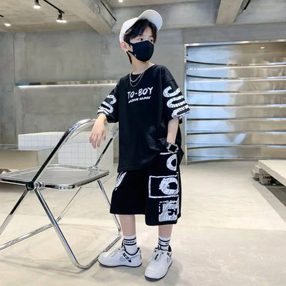 Boys Summer Trendy Casual Sports 2pcs T-shirts+Pants Suits 3-14 Years Teenage Boys Hip Hop Style Fashion Outfits Clothes Sets.