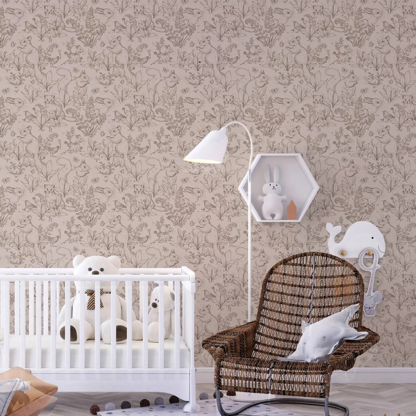 Waldleben Tapete Tapete. Beige Tapete mit Tieren im Waldstil mit Kaninchen und kleinem Prärenhund