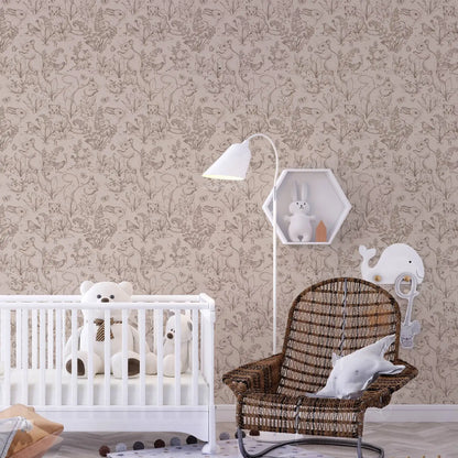 Waldleben Tapete Tapete. Beige Tapete mit Tieren im Waldstil mit Kaninchen und kleinem Prärenhund