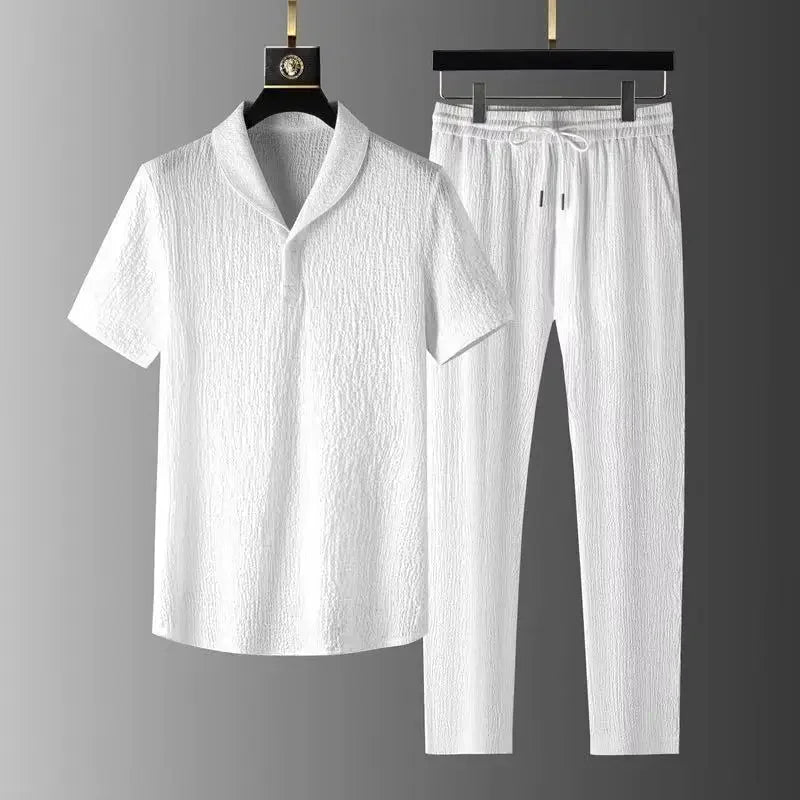 Summer Lightweight Pleated Cotton Casual Sports Set Men's Thin Comfortable Breathable Fashionable Collar Short Sleeve Two-Piece.