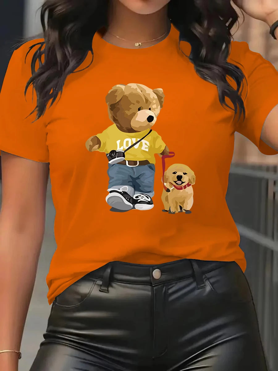 Summer and Spring Women's Short sleeved Round Neck Casual Top T-shirt with Teddy Bear Pattern.