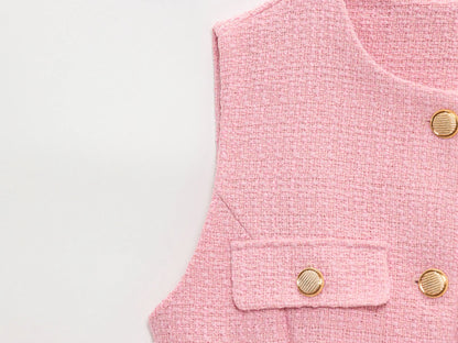 TRAFZA Frauen Elegante Solide Gürtel Westen Tops O Neck Metall Taste Ärmellose Weste Büro Dame Oberbekleidung Casual Blazer Tops.