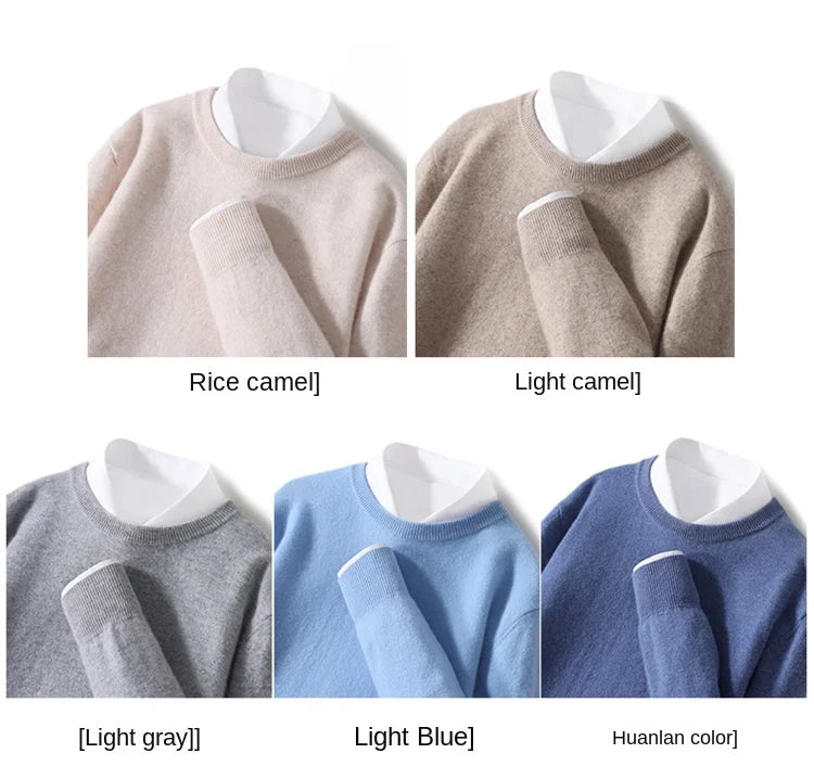 2025 100% Pure Merino Wool Men's Round Neck Pullover Solid Color Plus Size Casual Sweater Autumn And Winter Sports Cashmere Top.