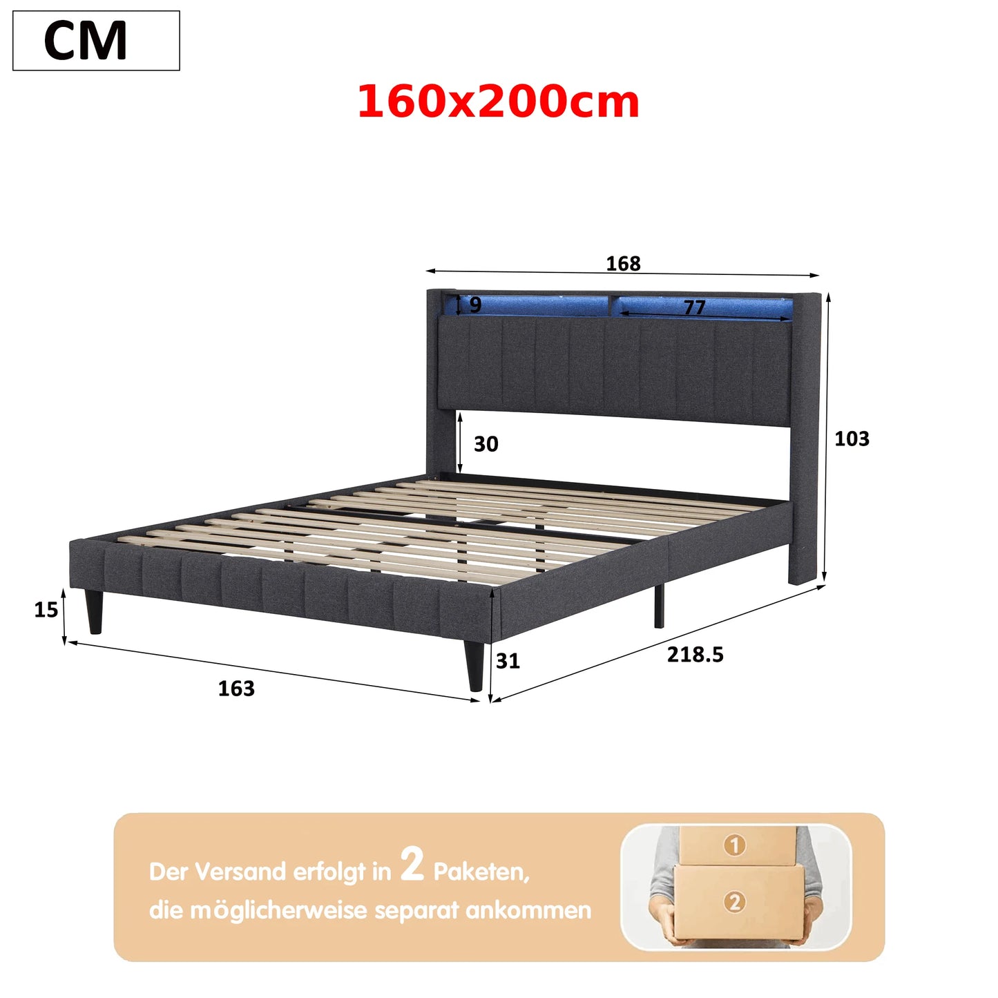 Anajqaqia gepolstertes Doppelbett 140 x 200 cm, 160 x 200 cm, mit Licht und Aufladung, ohne Matratze