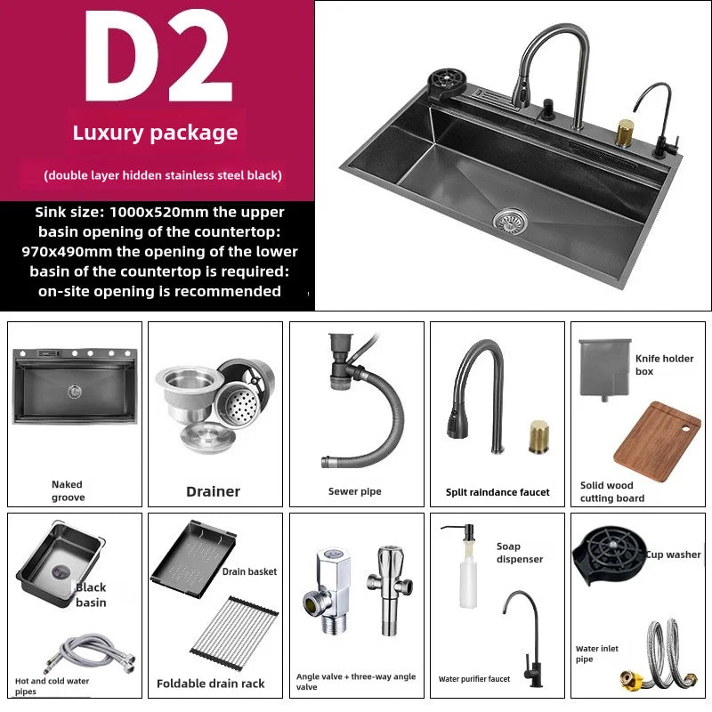 Wasserfall-Küchenspüle aus Edelstahl, extra groß, mit einem Schlitz, multifunktionale Geschirrspülbecken, Unterbaubecken, Tassenwascher