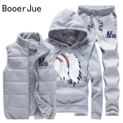3 Pieces Set Hoodies+Vest+Pants Casual Men's Track Suit Clothing Coats Winter Thick Warm Tracksuit for Men Printed Mens Set Vest