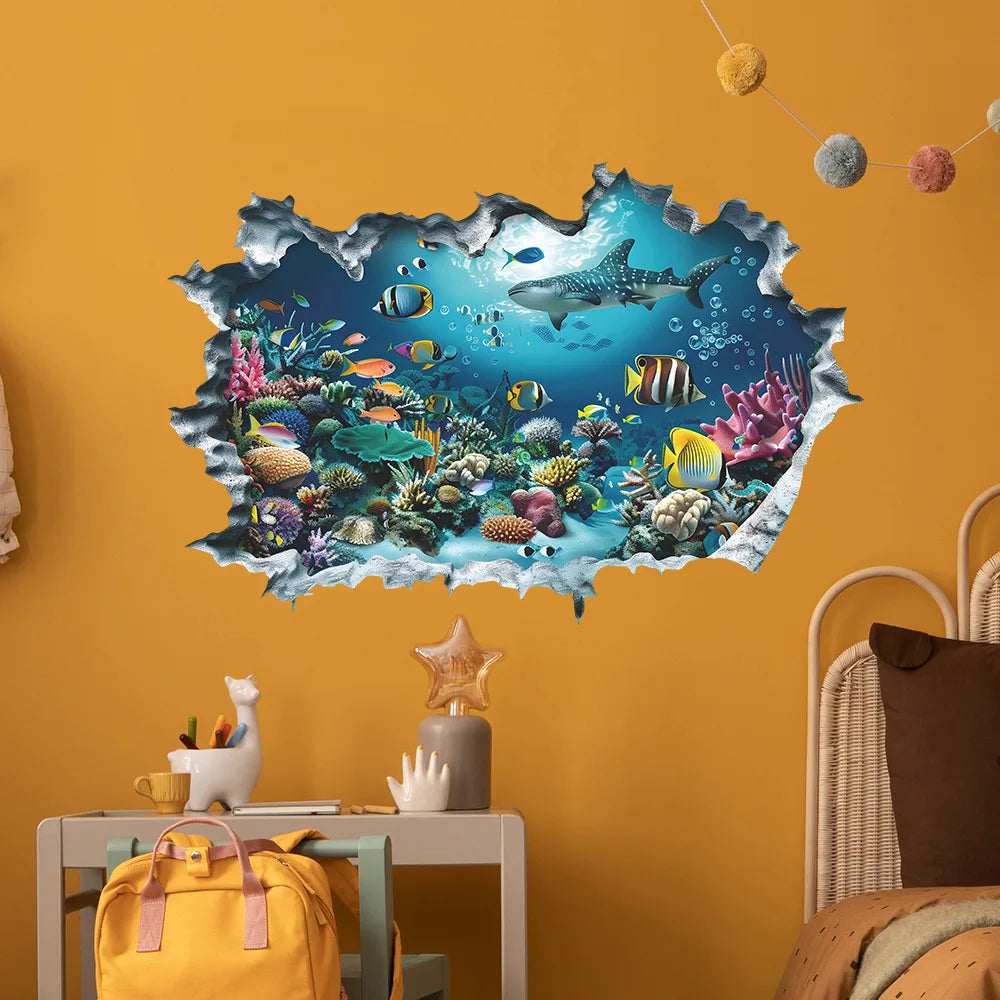 Sea View Mural Seabed Fish Shark 3D PVC Broken Wall Art Stickers Home Decoration for Room Ceiling Poster Floor Wallpaper.