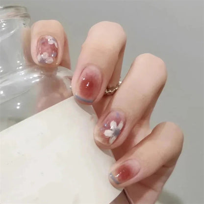24Pcs/Set White Peach Oolong Gentle French Press on Nail Blush Halo Short Frosted Wearing False Nails Removable Fake Nail Art