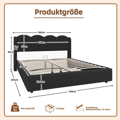 Gepolstertes Doppelbettrahmenpaneel, flache Nudelrahmenhalterung aus Wellpappe, mit LED-Licht, USB+C-Schnittstellenaufladung, 160 cm × 200 cm