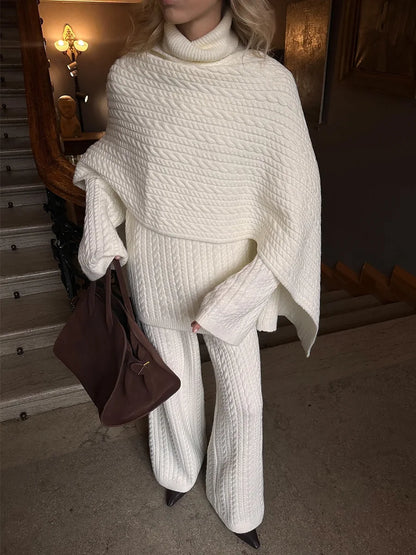 Bornladies Herbst Winter Mode frauen Neue Zopfmuster Pullover Breite Bein Hosen Set Weiche Wolle Mischung Lose Fit High Neck Pullover