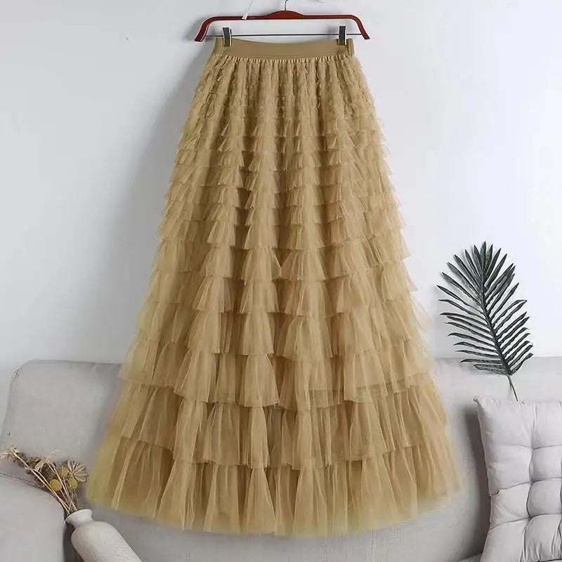 Chamliforve Women Tulle Mesh Skirt Elegant Elastic Waist Fairy Long A-line Tutu Skirt for Spring Summer Long Cake Skirt.