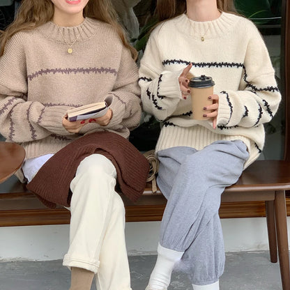 Herbst Winter Gestreiften Pullover Pullover Frauen Gestrickte Shirts Lange Hülse Lose Mock Neck Outwear Casual Pullover Tops Strickwaren