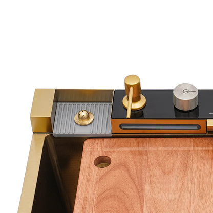 Goldfarbenes intelligentes Küchenspülbecken mit Wasserhahn, digitales Touch-Bedienfeld, ausziehbarem Sprühgerät und Tassenwascher, modernes Waschbecken aus Edelstahl