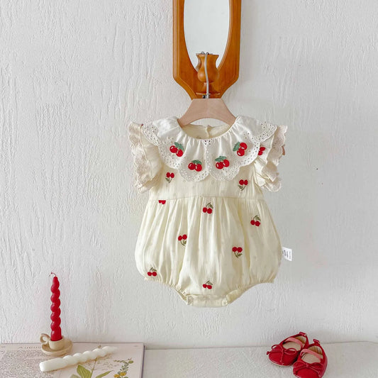 0-2 Jahre Babykleidung, Spitzenkragen-Body, Kirschstickerei, Baby-Body und einteilige Kleinkind-Geburtstagskleidung