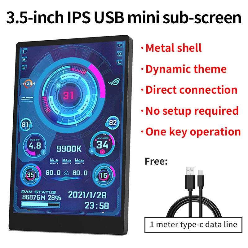 3.5 Inch IPS TYPE-C Secondary Screen DIY Computer Monitor USB-TYPEC Secondary Screen for Windows Built-in Software.