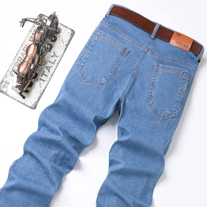 2024 New Brand Men's Fit Straight Lightweight Cotton Stretch Denim Pants Casual Male High Waist Thin Light Blue Business Jeans.