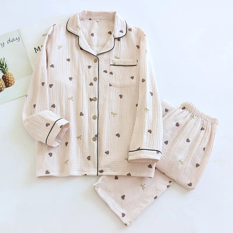 2025 neue Frühjahr/Sommer frauen Pyjama Set 100% Baumwolle Crepe Nette Liebe Langarm Lange Hosen Zwei Stück set Strickjacke Hause Kleidung.