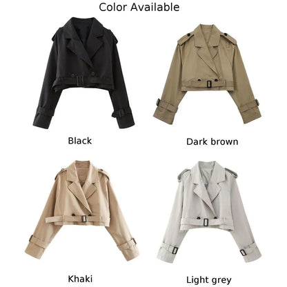 Frauen kurze Blazer Jacken Herbst elegante Vintage einfarbige Langarm Zweireiher Trenchcoat mit Gürtel