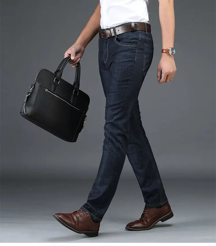 Classic Straight Men's Jeans Fitted Comfortable Elastic Business Casual Denim Pants Korean Fashion  Autumn Casual Trousers