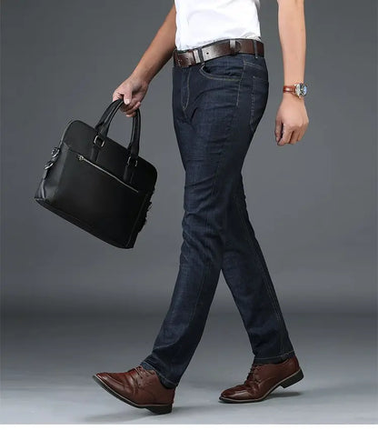 Classic Straight Men's Jeans Fitted Comfortable Elastic Business Casual Denim Pants Korean Fashion  Autumn Casual Trousers