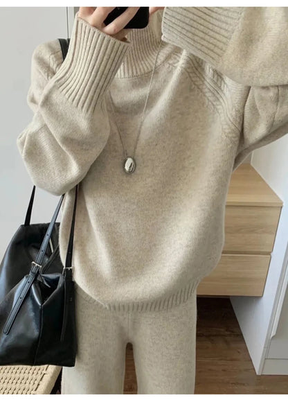 Zweiteiliger Anzug aus 100 % Merinowolle für Damen, O-Kragen-Pullover, Pullover, weites Bein, Hosen-Set, Herbst-Winter, lockere, bequeme Strickwaren