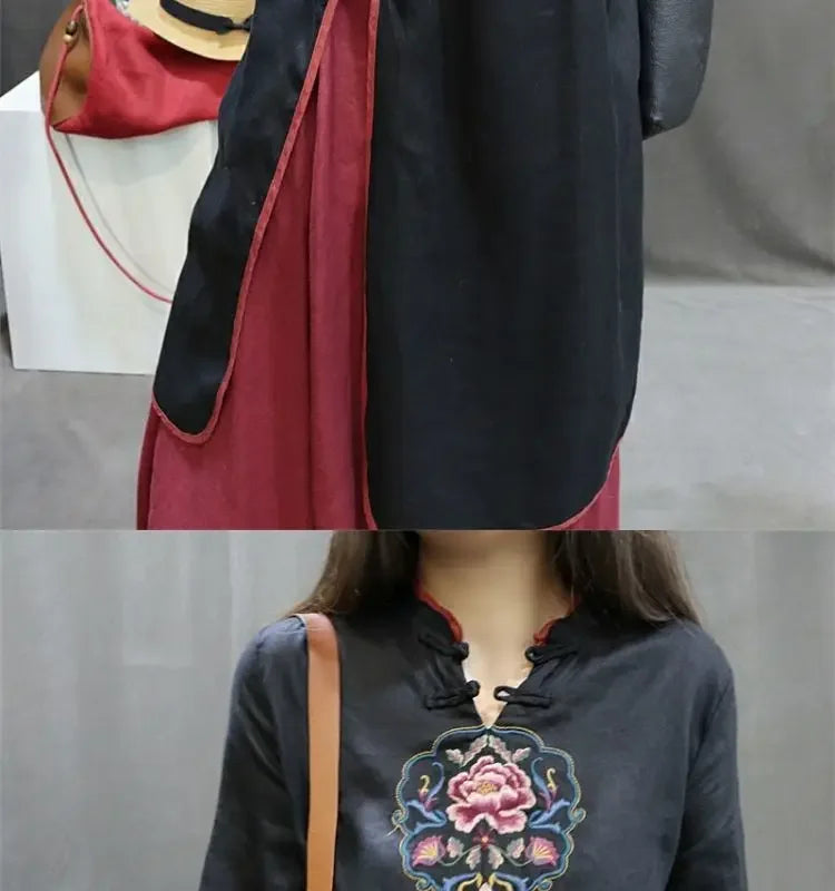 Damen-Bluse im Vintage-Stil aus Baumwolle und Leinen, mittellang, siebte Ärmel, Stickerei, ethnischer Rock mit lockerer Passform, chinesischer Stil