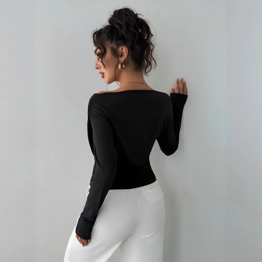 2025 Autumn Winter 2025 Solid-color Fashion Tops for Women Long Sleeve Blouses One-shoulder Collar Slimming Shirts Office Lady.