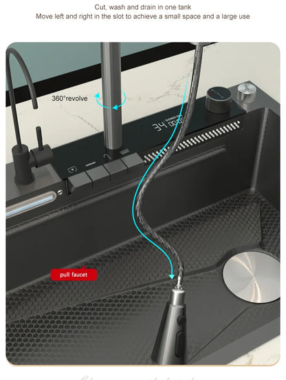Edelstahl-Küchenspüle mit Wasserfall-Wasserhahn, integrierte Digitalanzeige, geprägtes Waschbecken für die Küche