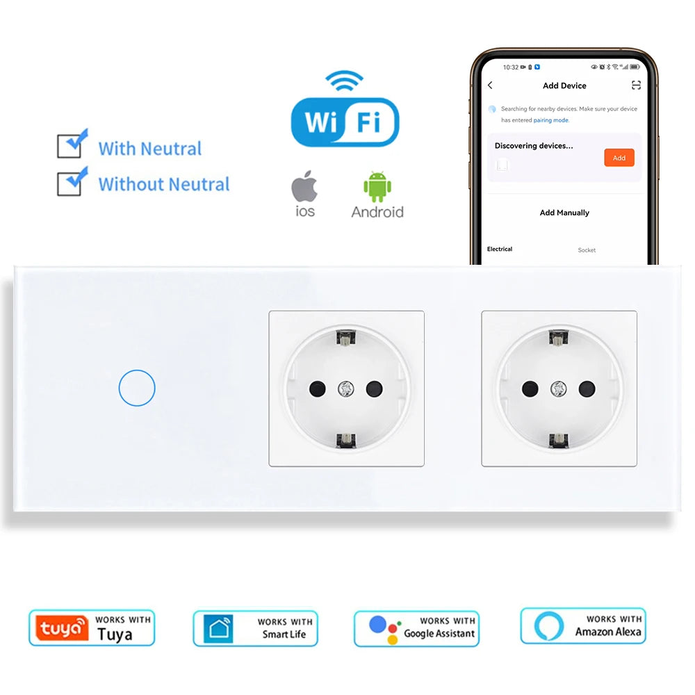 SRAN Smart Switch mit Wandsteckdose 16A EU, Tuya Smart Life Home Touch Sensor WiFi Lichtschalter Weiß