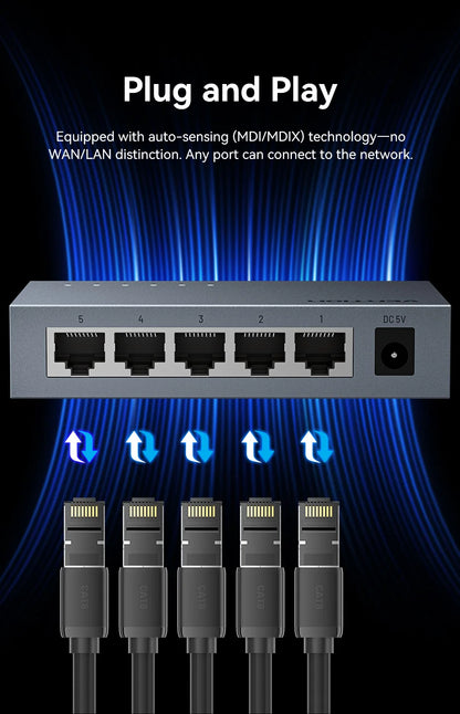 Vention 1000Mbps Gigabit Network Switch Expansion 5 Ports RJ45 Ethernet Switch Splitter Adapter for Router Lan Hub Plug and Play.