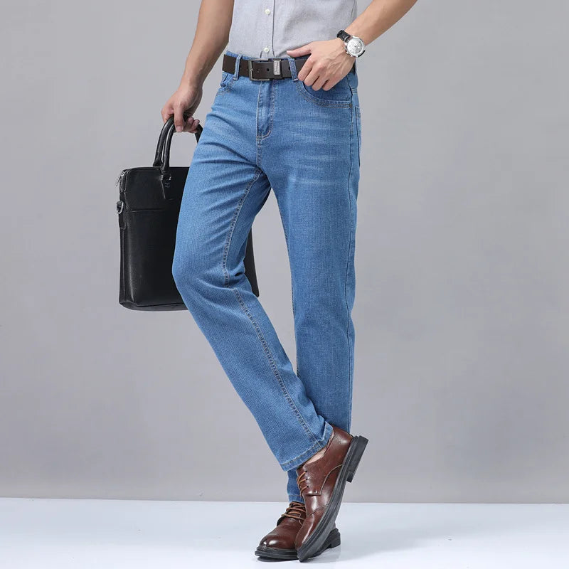 2024 New Brand Men's Fit Straight Lightweight Cotton Stretch Denim Pants Casual Male High Waist Thin Light Blue Business Jeans.