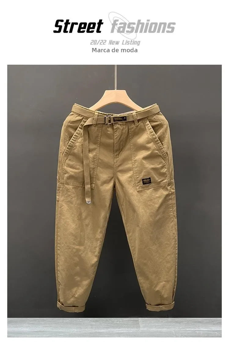 Autumn Summer Wide Leg Cotton Work Trousers Men's Cone Straight Loose Wear Resistant Pocket Pants Retro Wash Casual Workwear.