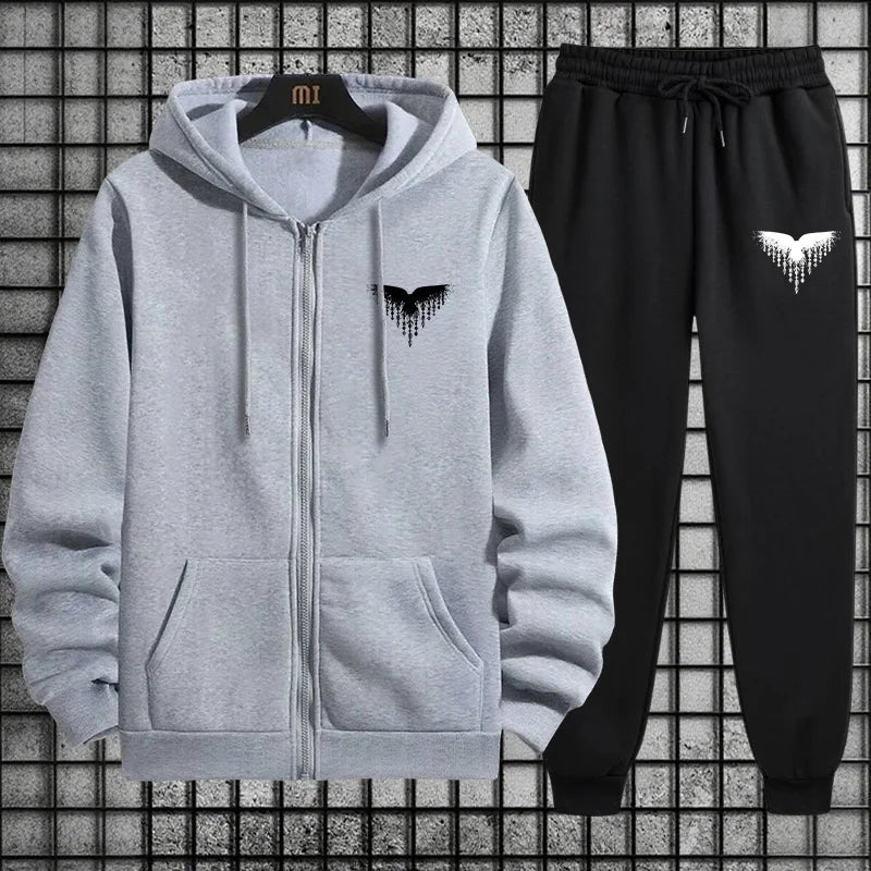 Ancient Viking Raven Print Hoodie Sweatpants Autumn Winter Daily Casual Sporty Jogger Set Urban Fashion Men's Zipper Tracksuit.