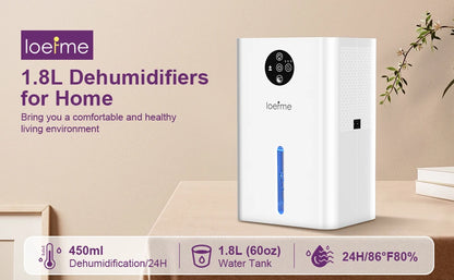 LOEFME 1.8L Electric Dehumidifier Portable Quiet Air Dryer, 6-8-10H Timer, Touchscreen, Against Humidity, Mould, Moisture, Damp.
