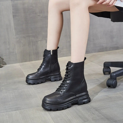 WOIZGIC Women Female Ladies Mother Genuine Leather Ankle Boots Shes Warm Autumn Winter Plush Zipper Motorcycle British Increase.