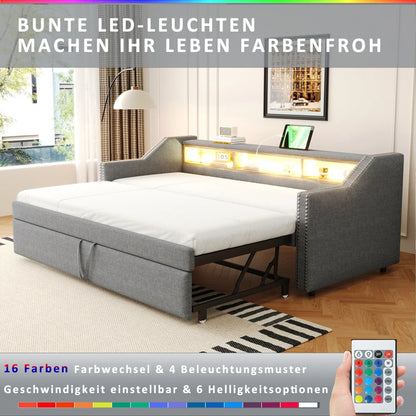 Ausziehbares Schlafsofa 90/180 x 190 cm, multifunktionales Aufbewahrungsfach, LED-Licht und USB-Buchse, mit Gitter, Dunkelgrau
