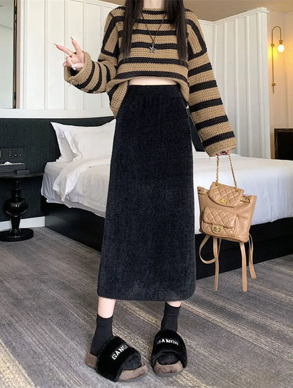 Korean Imitation Mink Plush Knitted Skirts Women Autumn Winter Thick Soft Split Pencil Skirts Elegant High Waist Bodycon Skirt.