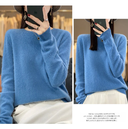 100% Merino Wool Sweater Women O-neck Cashmere Knitwear Female Pullover Autumn Winter Casual Tops Solid Color Soft  Clothing