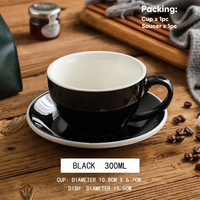 300ml Ceramic Coffee Cup and Saucer Set Pottery Latte Cups Breakfast Milk Mug Afternoon Teacup Porcelain Water Mugs Wholesale