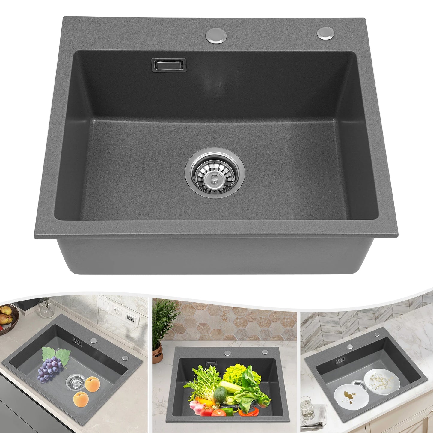 Küchenspüle, Quarzstein-Waschbecken, Abflussrohr, Abflusskorb, 55 x 45 cm, drehbarer Abfluss, Waschbecken für Badezimmer