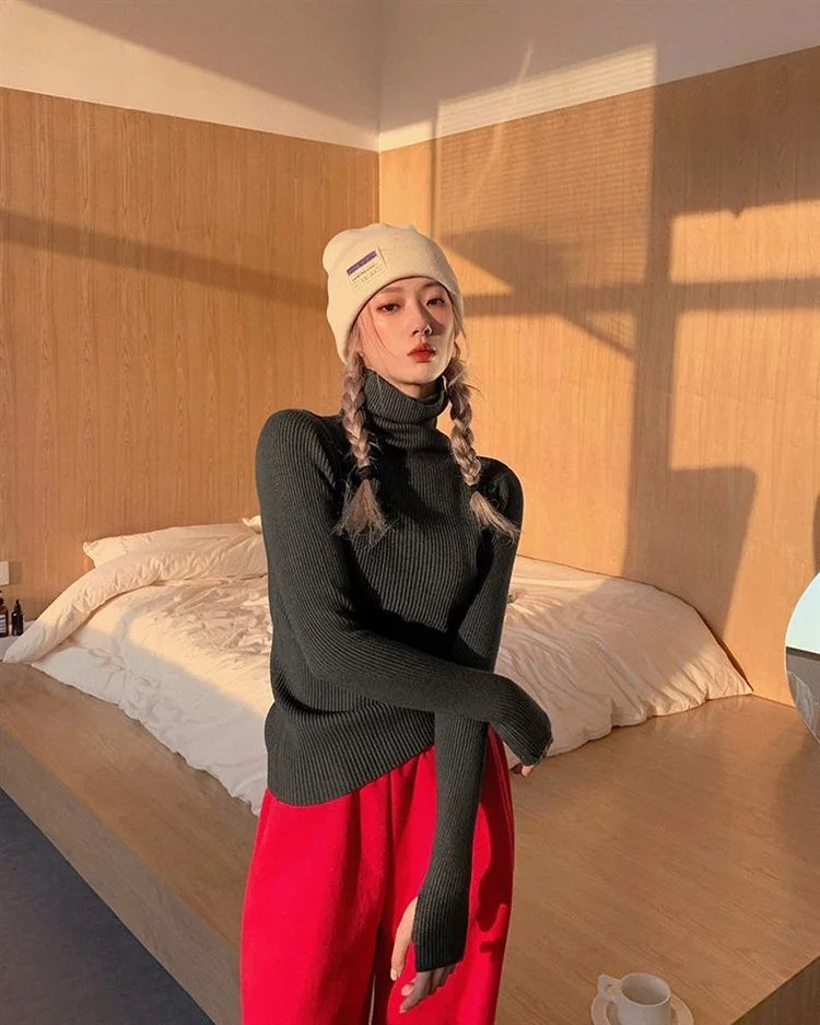 Neue Herbst Winter Grundlegende Gestrickte Tops Frauen Rollkragen Pullover Casual Pullover Koreanische Mode Einfache Mit Daumen Löcher Chic Kleidung.